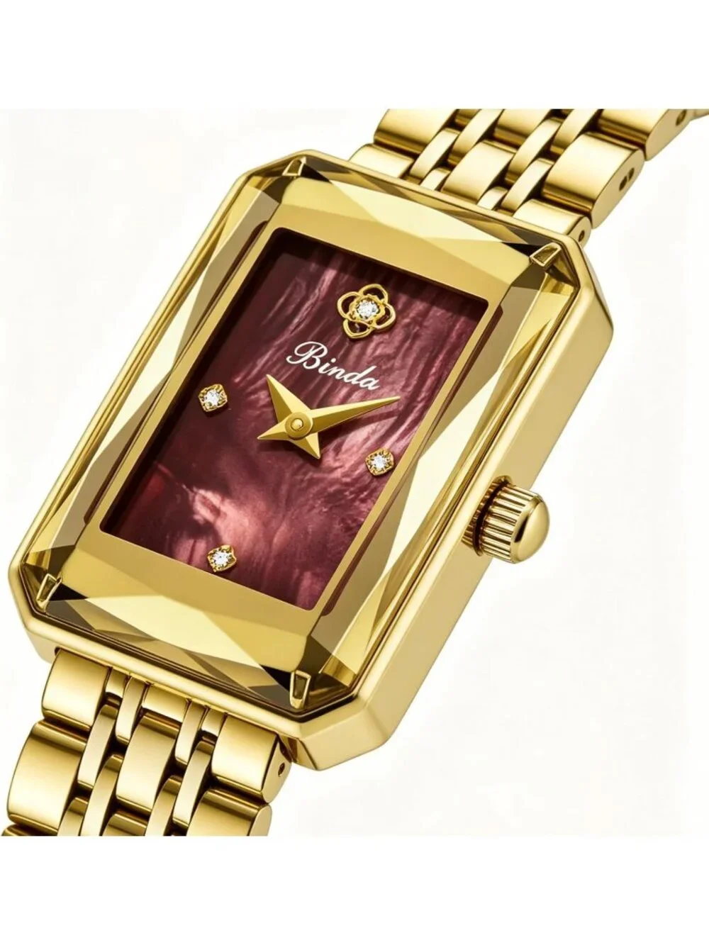 Women's Gold Burgundy Vintage Rectangular Case Stainless Steel Band Wrist Watch